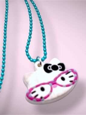 Cute Sanrio Nerd Hello Kitty With Glasses Pendant on Turquoise Bead Necklace